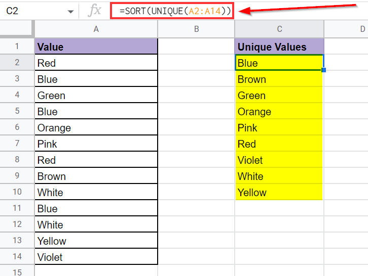 unique values sorted using SORT