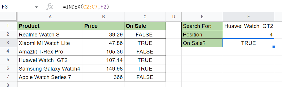 Use both INDEX and MATCH function together