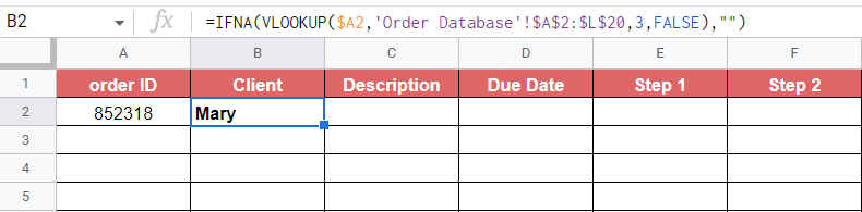 using VLOOKUP to lookup data in the order database sheet