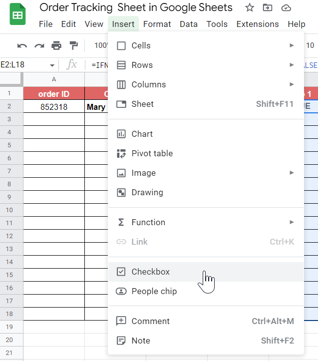 order tracker sheet in Google Sheets with checkbox