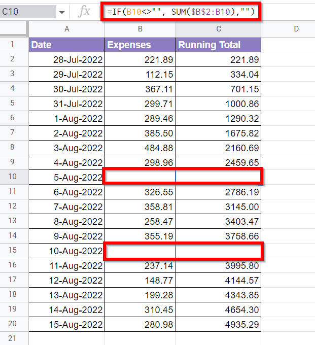 running totals in Google Sheets with optional IF function to handle blank values