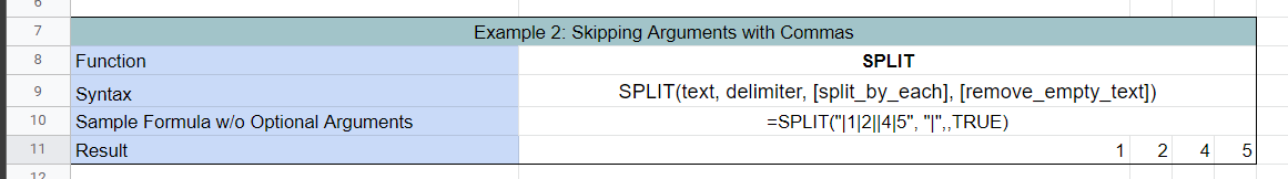  Skip Optional Arguments in Google Sheets by leaving a blank argument
