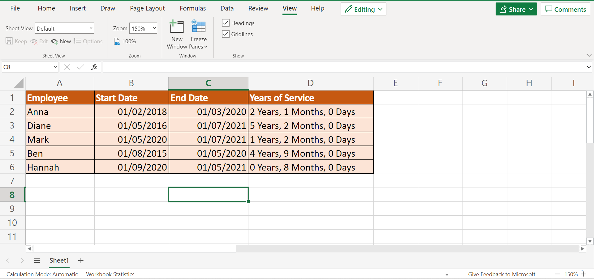 Calculate Years of Service in Excel
