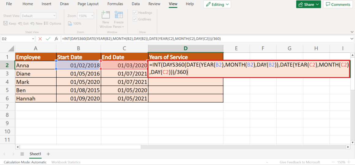 How to Calculate Years of Service in Excel - Sheetaki