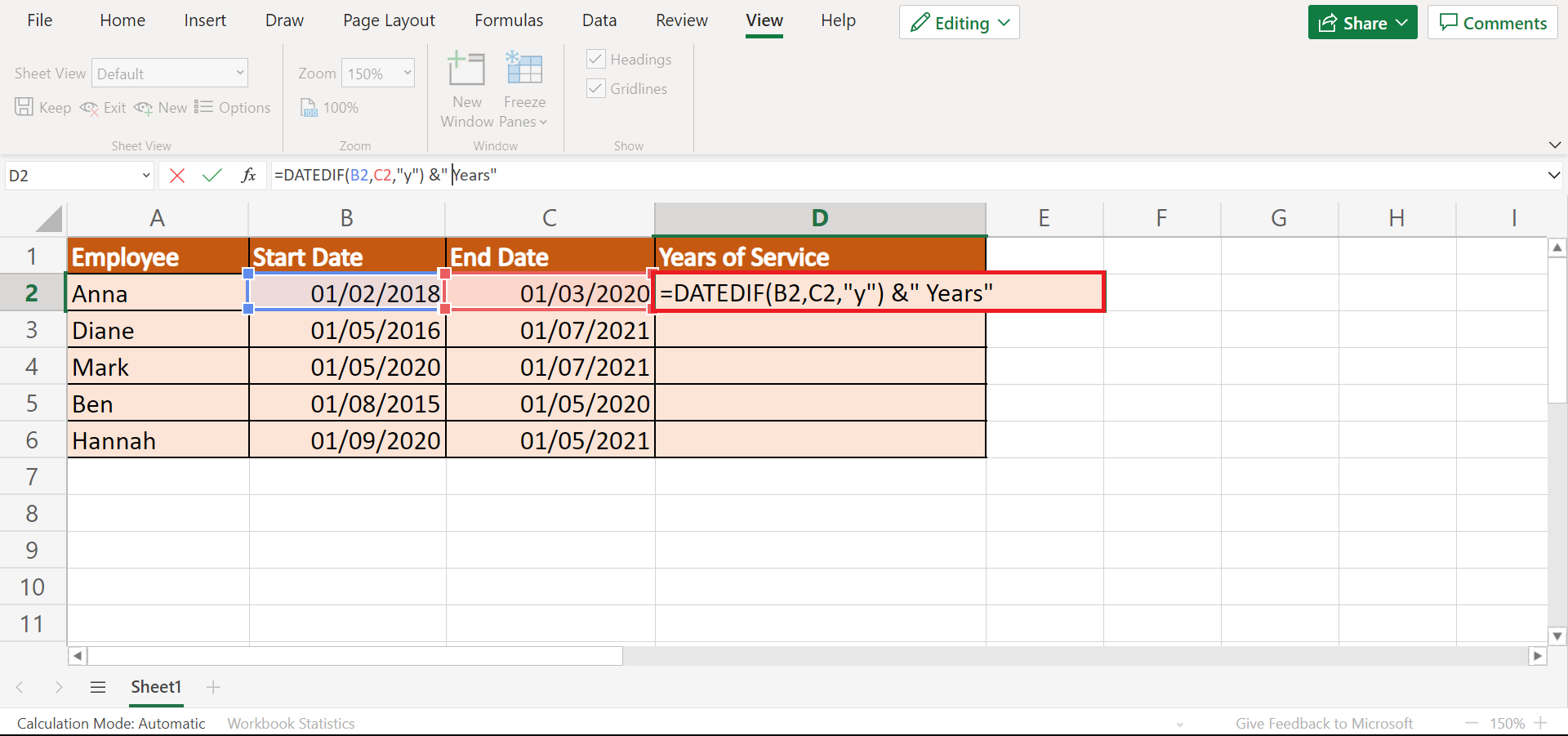 Calculate Years of Service in Excel
