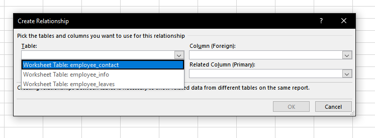 select tables you want to join in data model