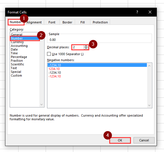 in the Format Cells dialog, select the number of decimal places to add