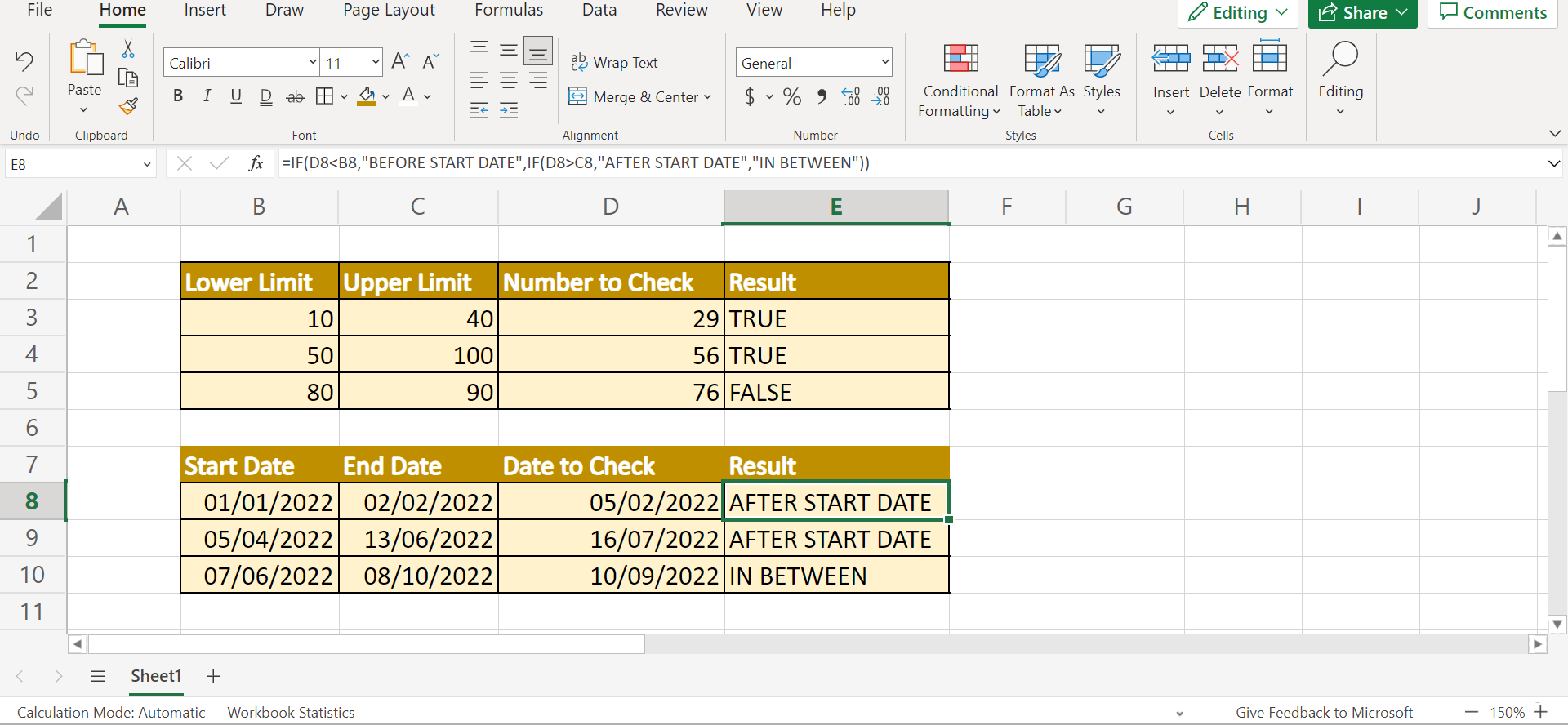 Use BETWEEN Formula in Excel