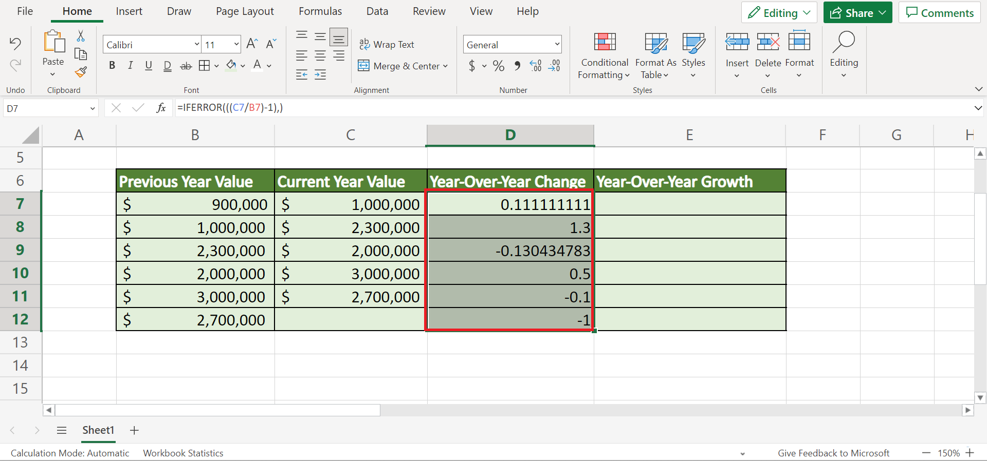 Calculate Year Over Year Growth in Excel 