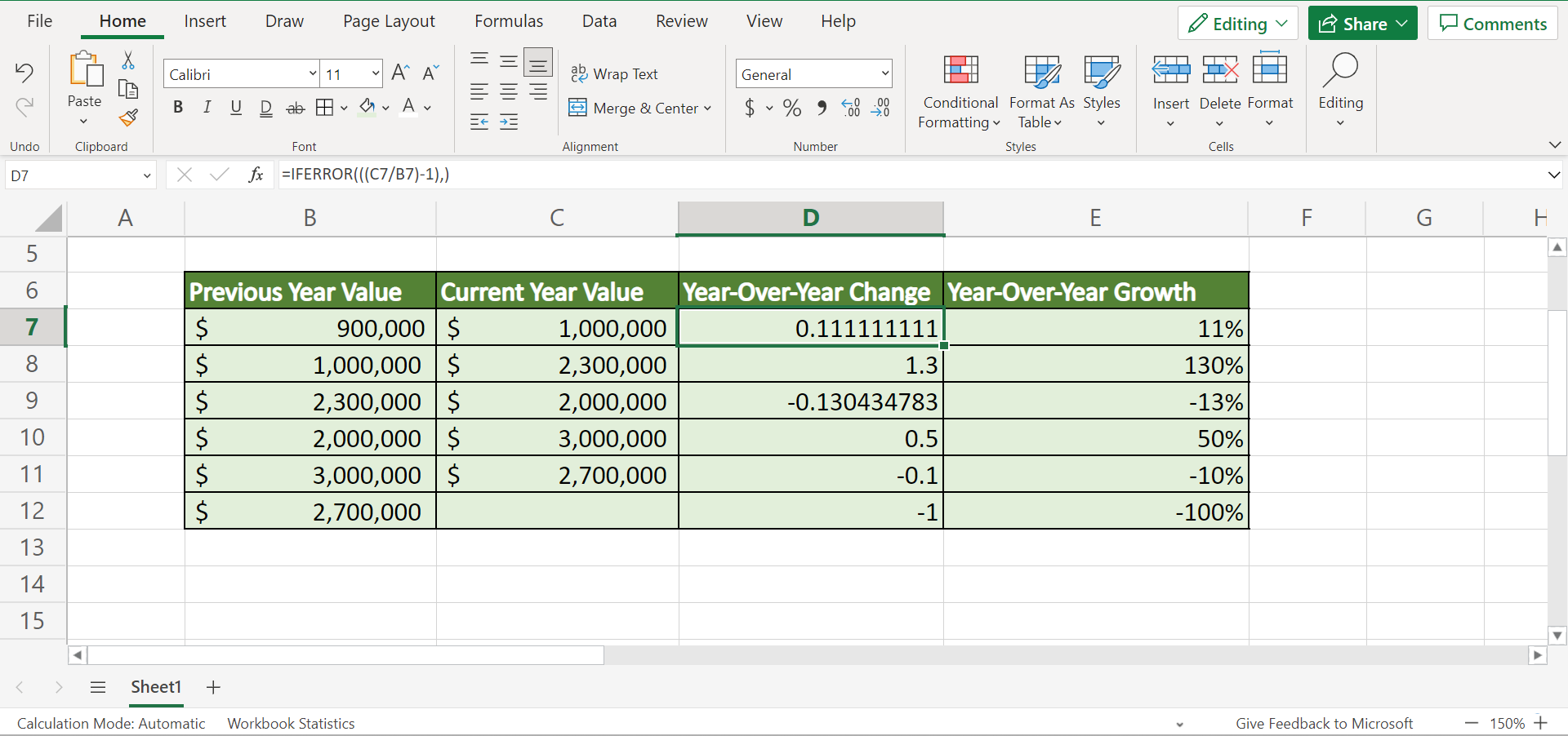 Calculate Year Over Year Growth in Excel 