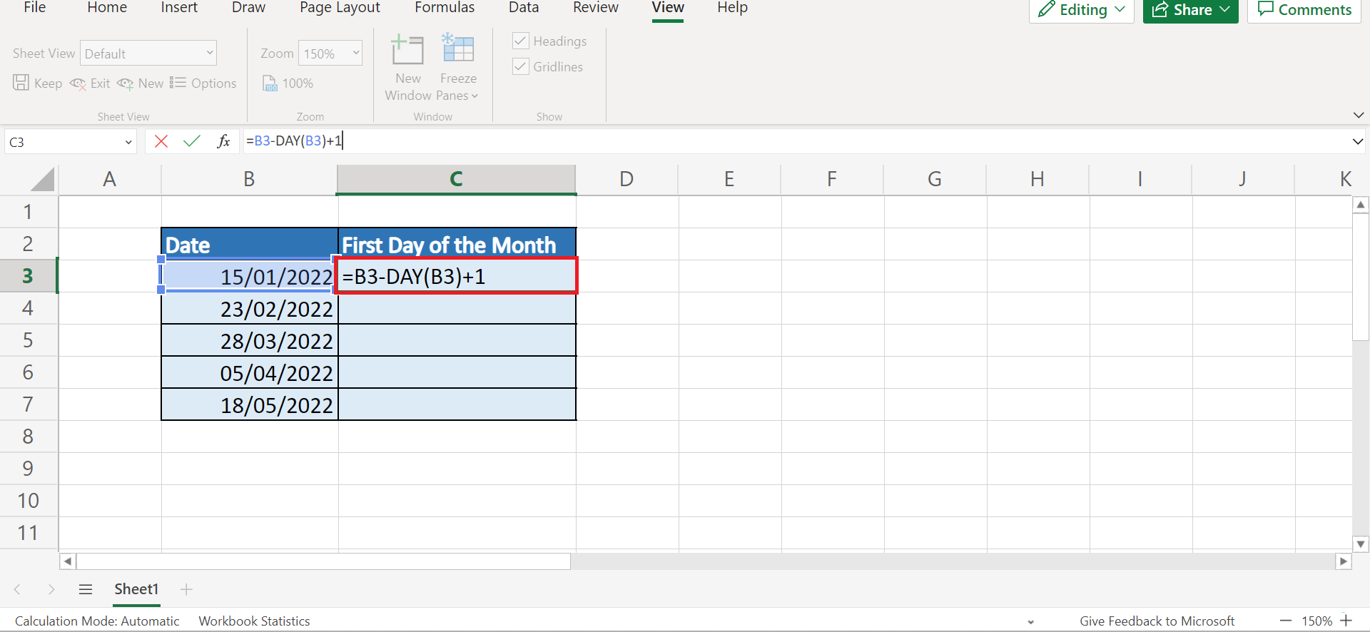 Get the First Day of the Month in Excel