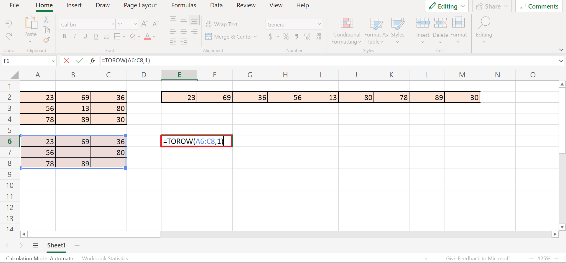 TOROW function in Excel