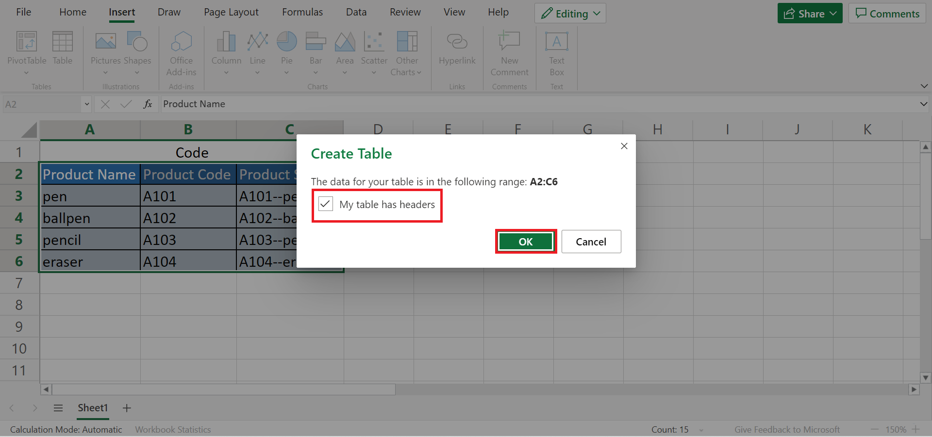 Product Codes in Excel