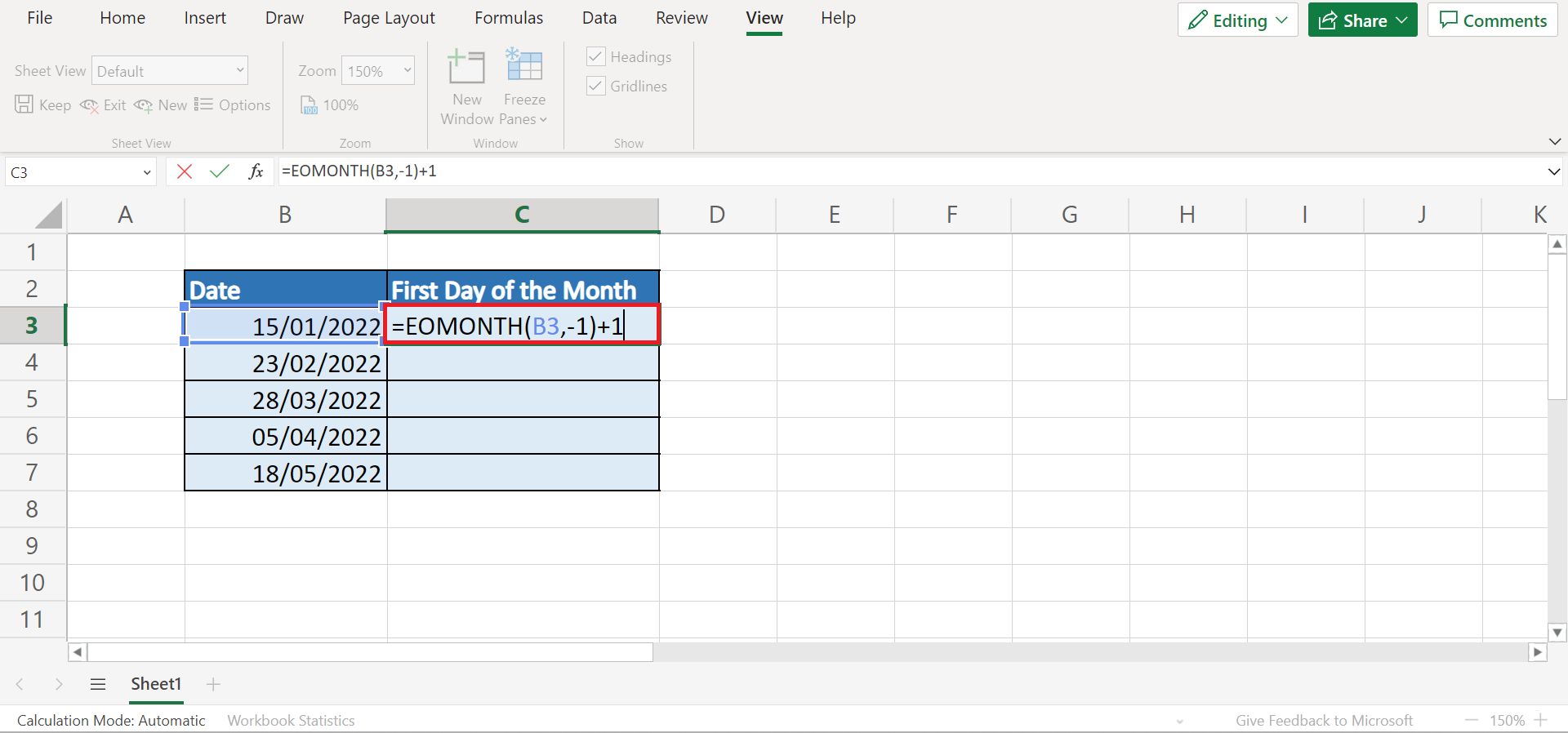 Get the First Day of the Month in Excel