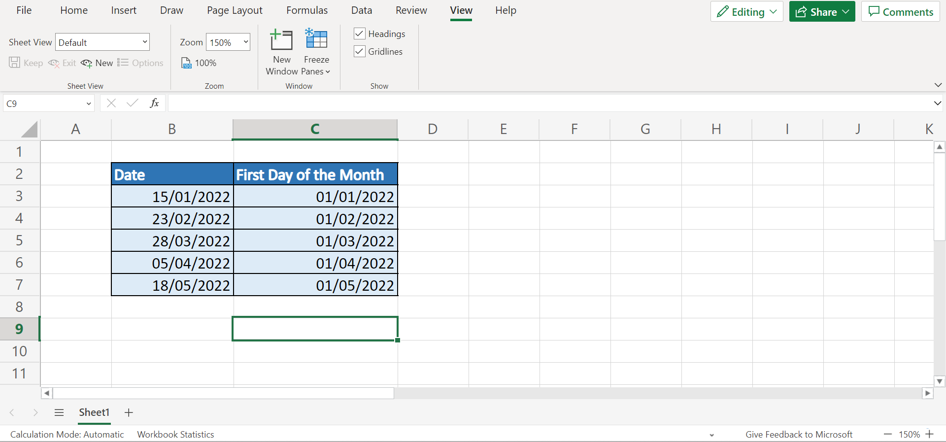 Get the First Day of the Month in Excel