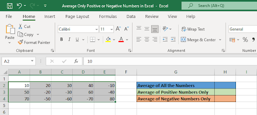 Example dataset for averaging only positive or negative numbers