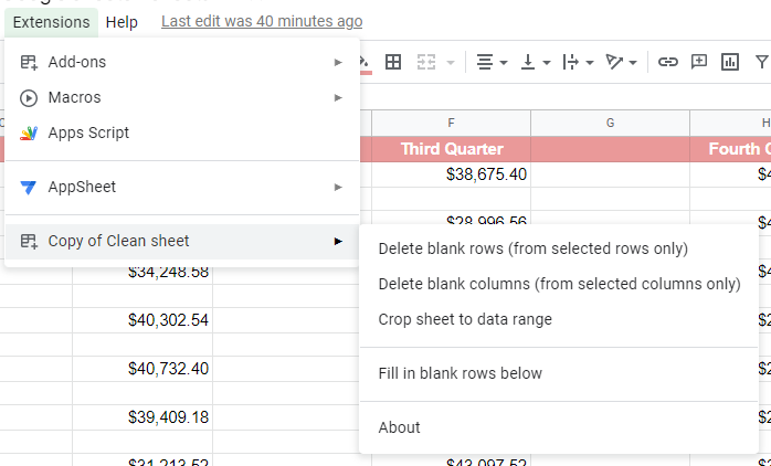 Run the Clean sheet Apps Script to delete all empty columns in Google Sheets