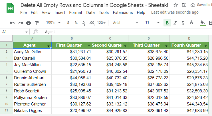 A spreadsheet without empty rows
