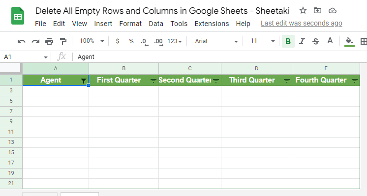 A spreadsheet with filtered empty rows
