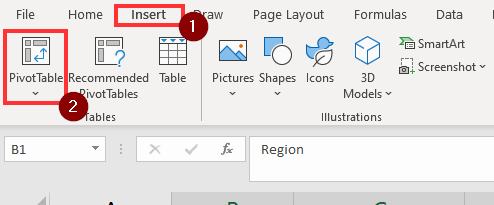 click Insert tab and select PivotTable