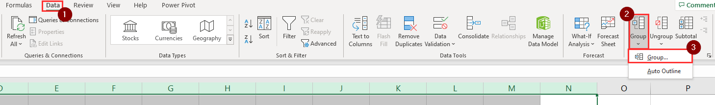 select Group feature in Data tab