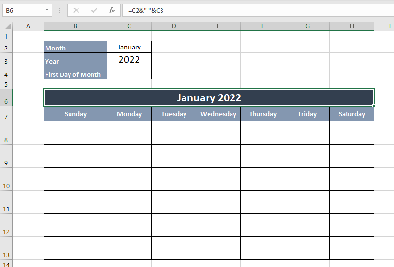 add label for current month and year for the interactive calendar in Excel