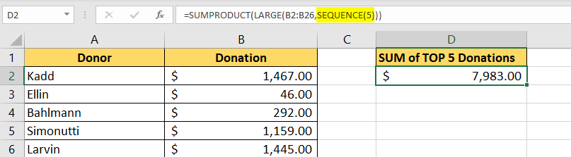 use SEQUENCE function to indicate how many of the largest values to return