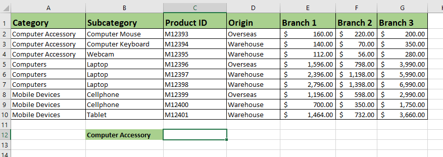 select cell to add formula