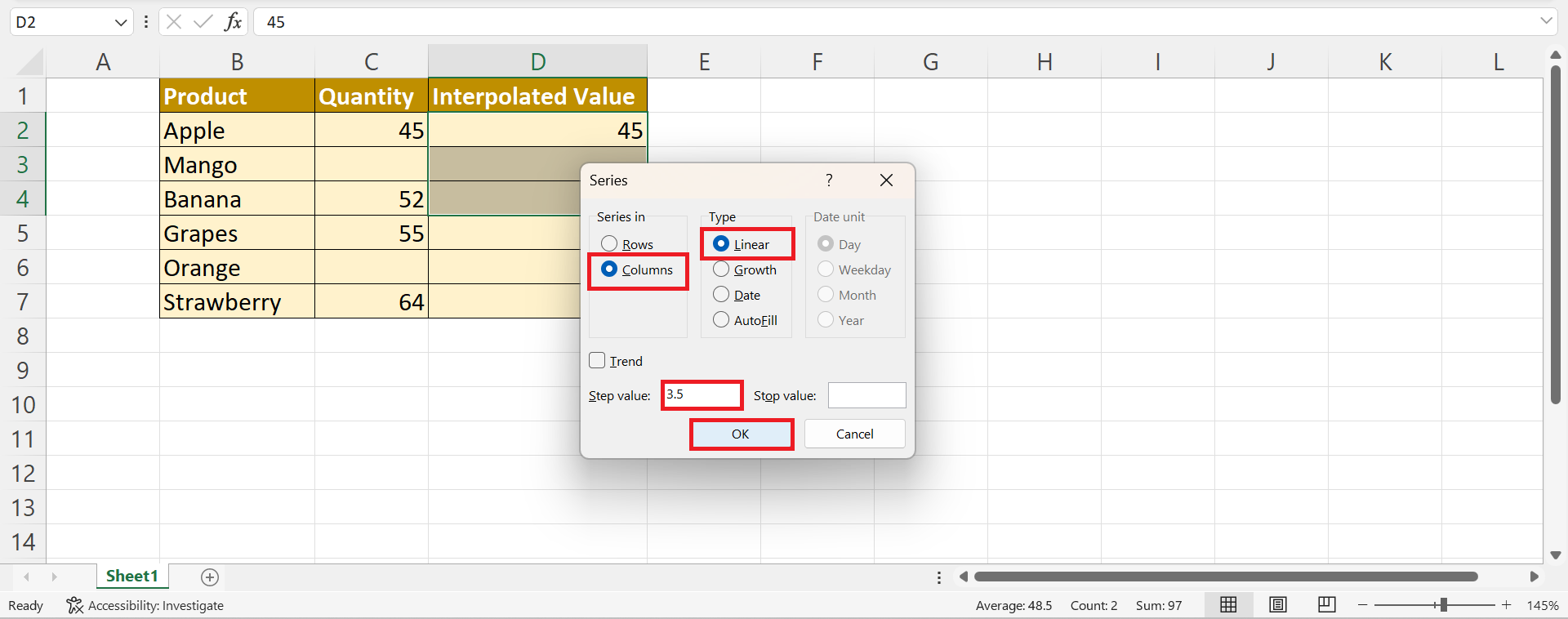 Interpolate Missing Values in Excel