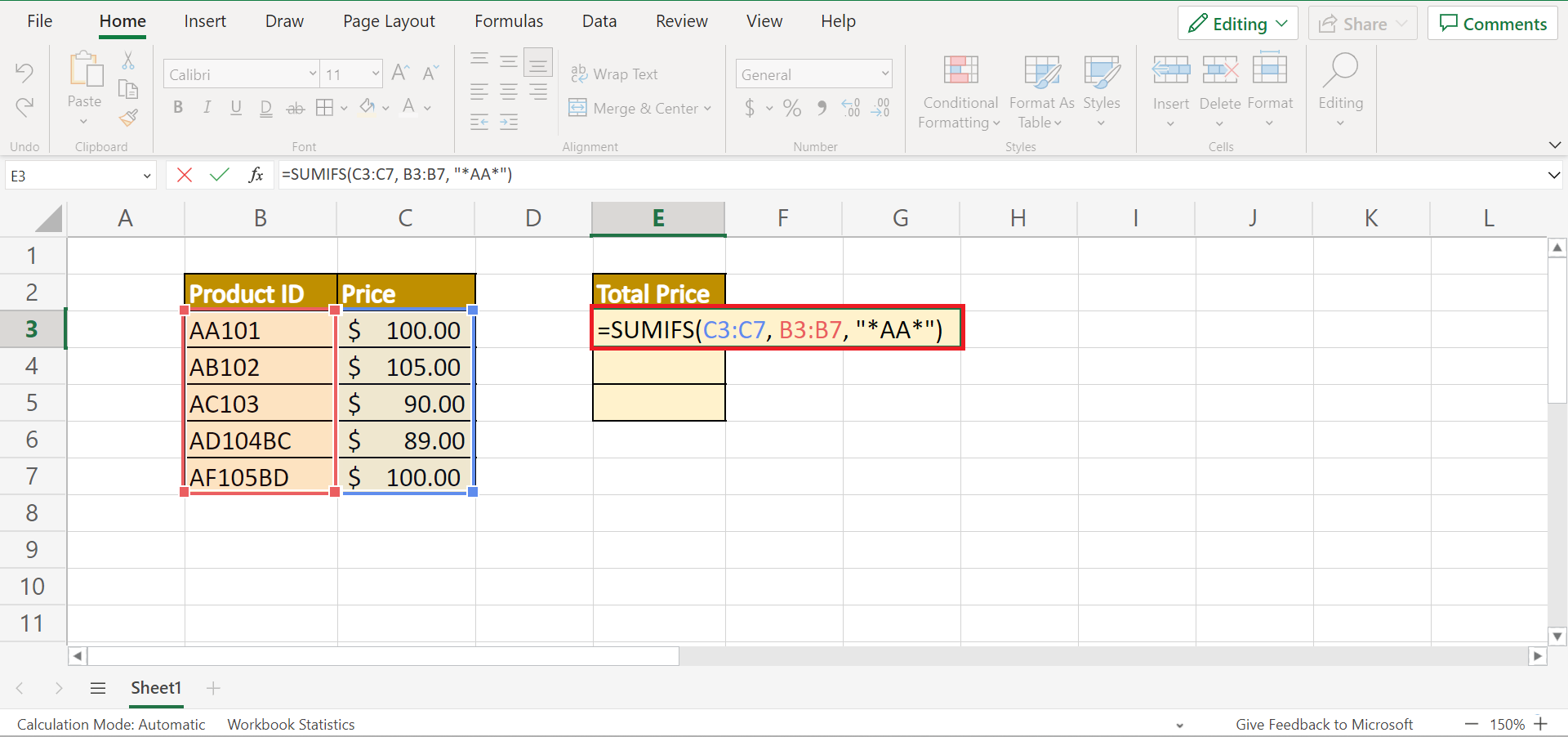 Wildcard in SUMIFS Function in Excel