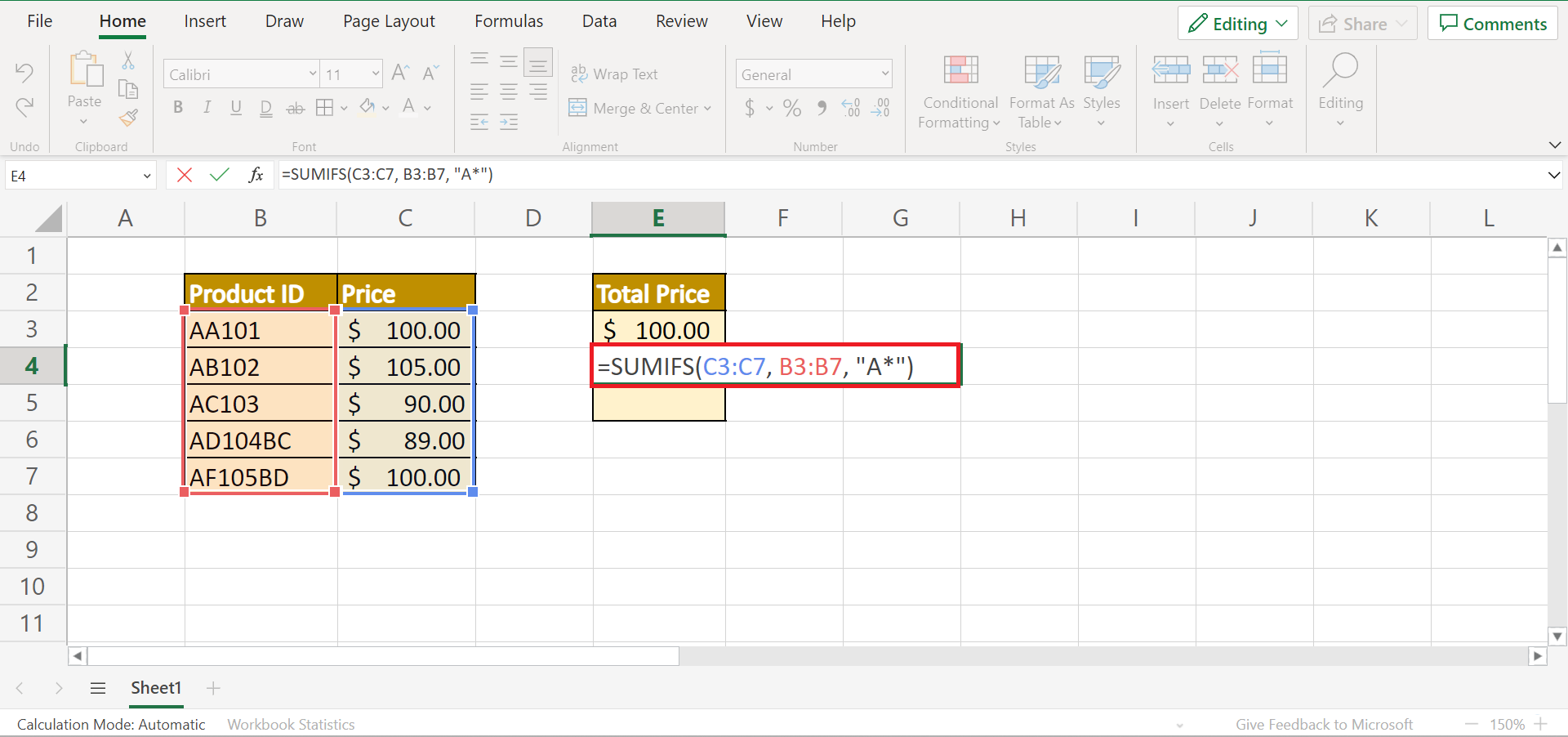 Wildcard in SUMIFS Function in Excel