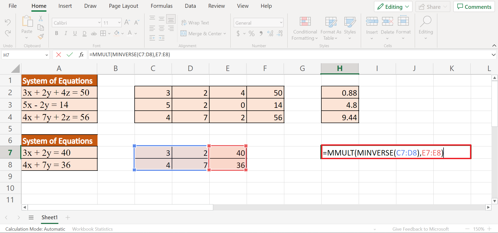 Solve a System of Equations in Excel