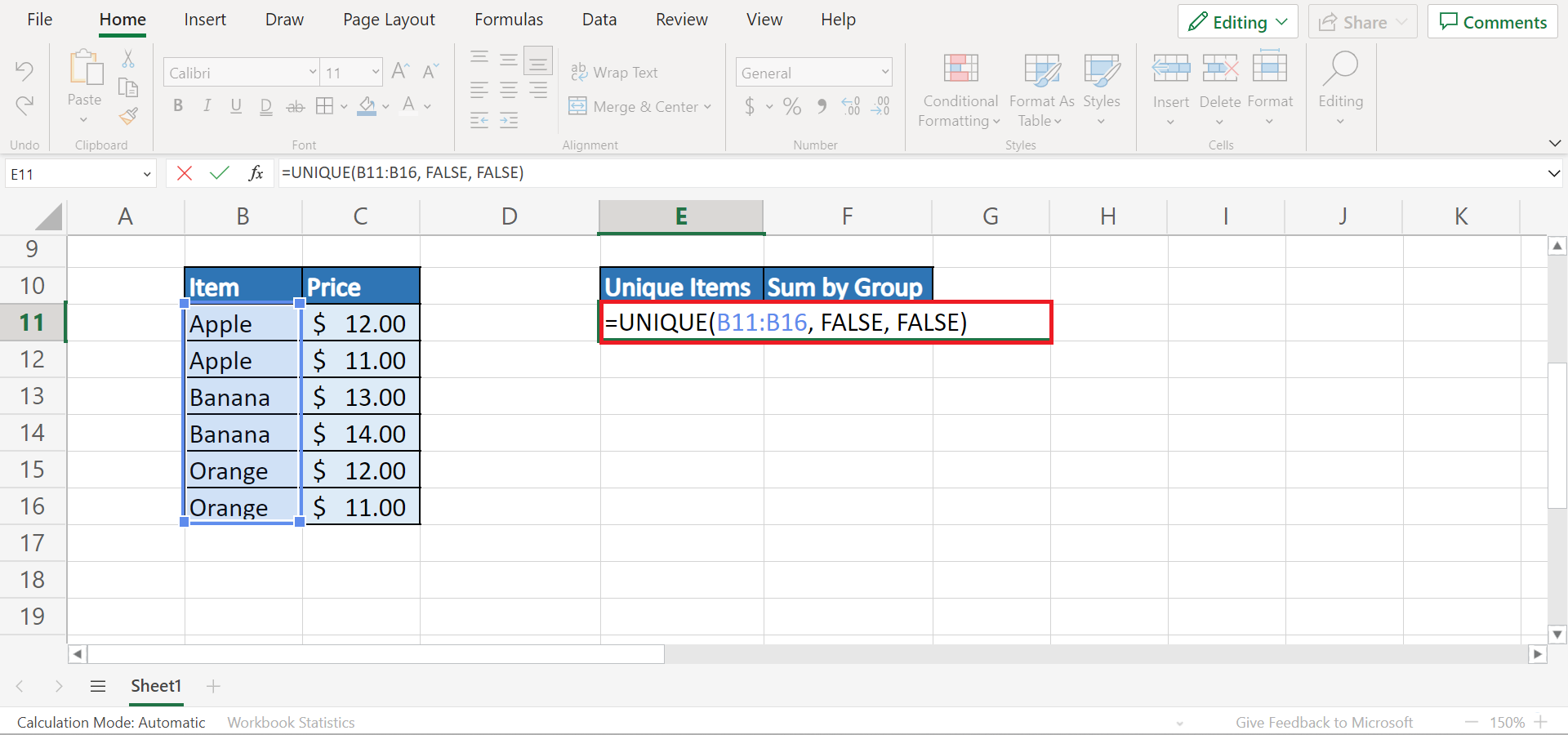 Sum by Group in Excel