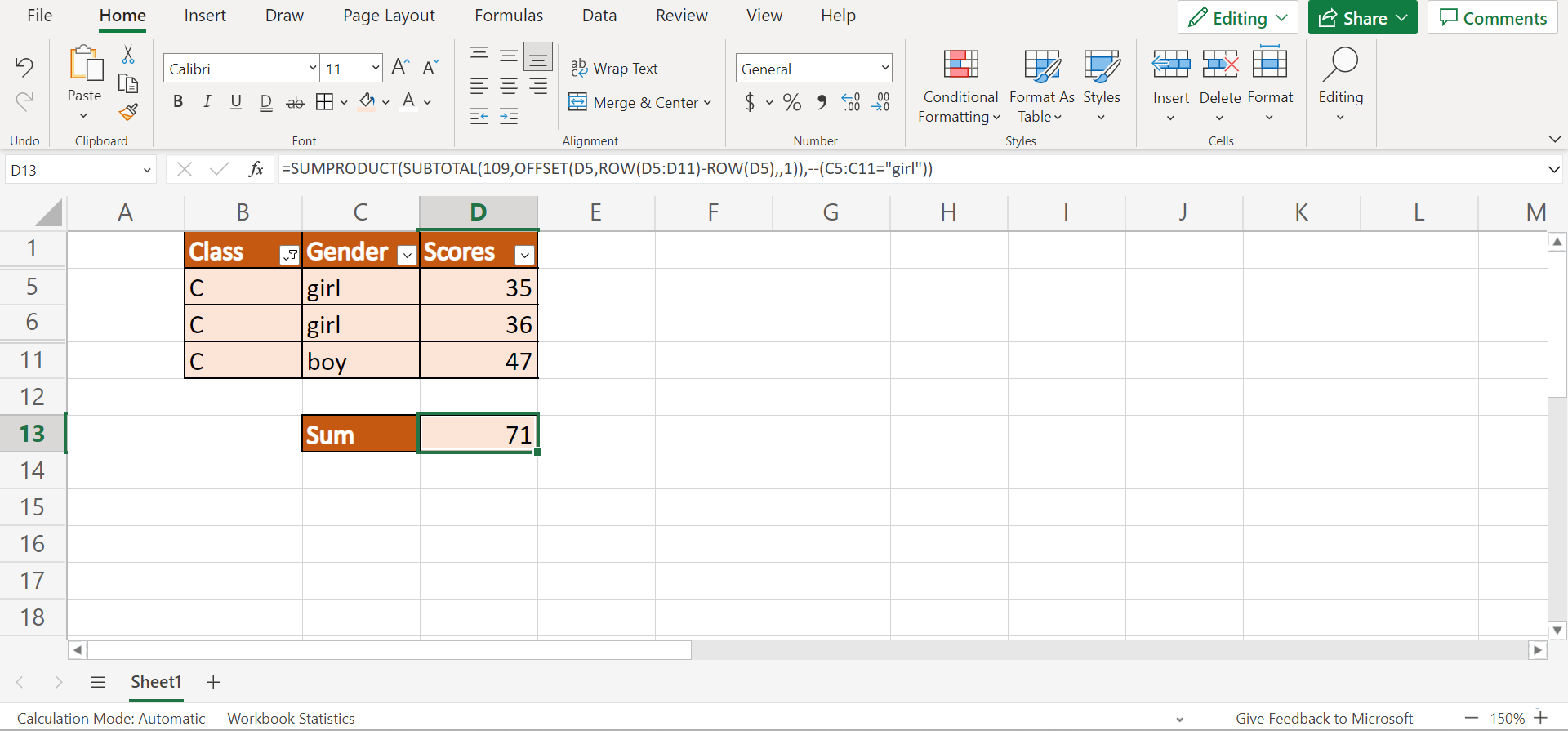 Use SUBTOTAL with SUMIF in Excel