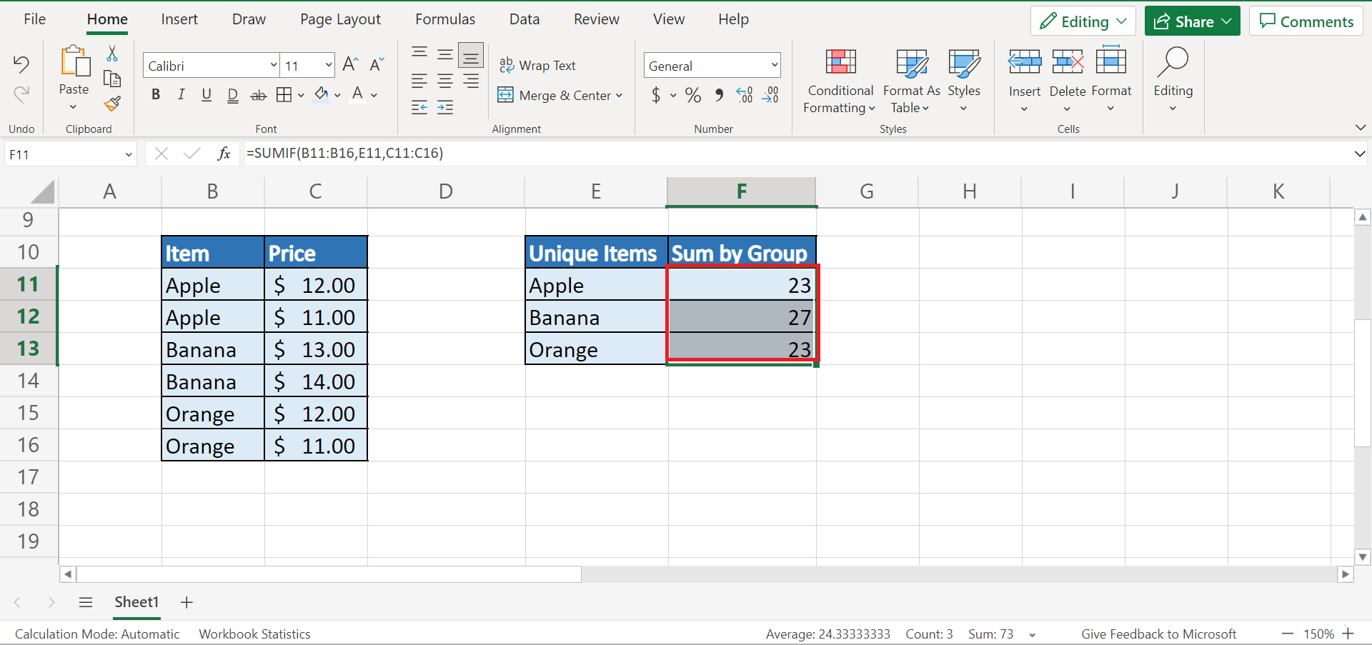 Sum by Group in Excel