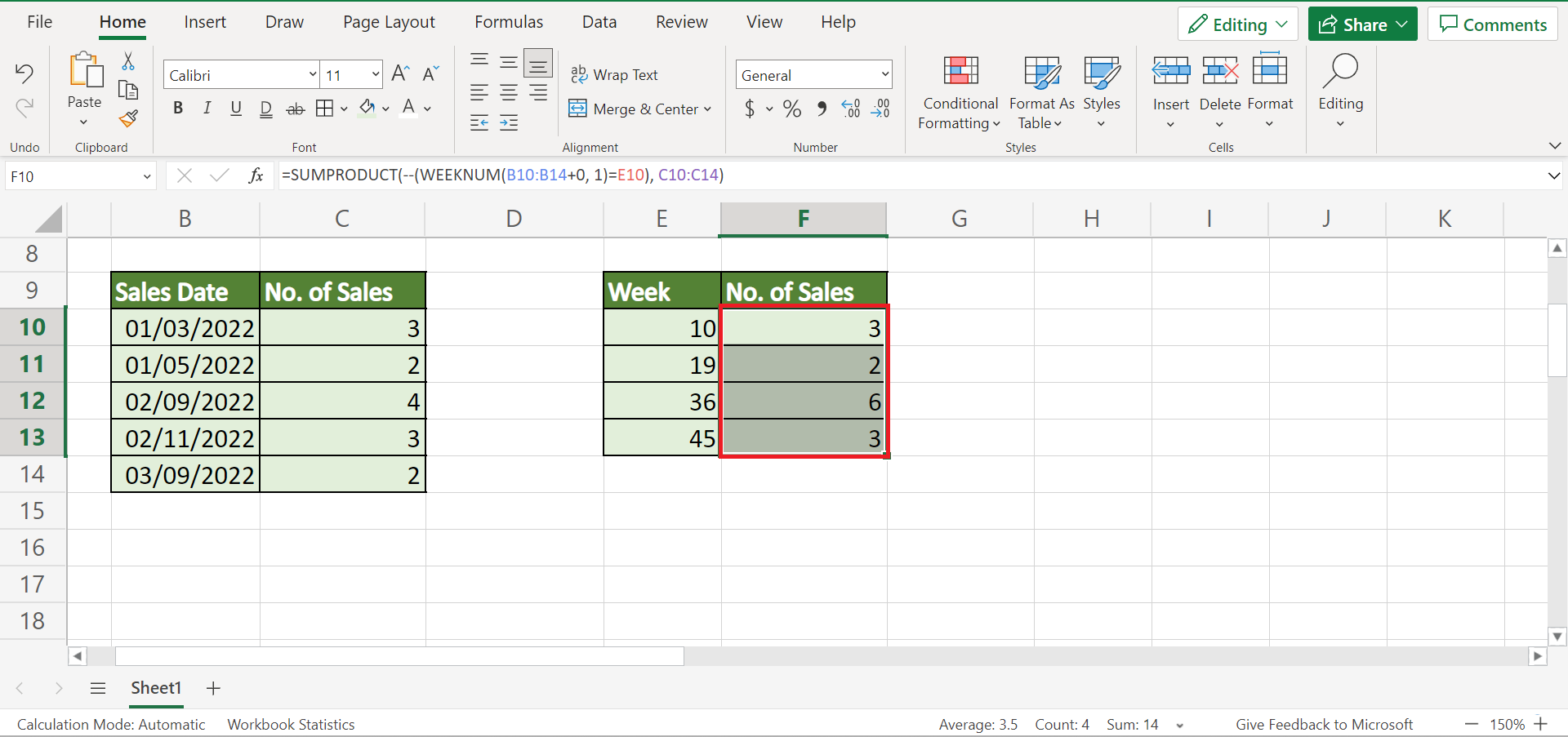 Sum by Week in Excel