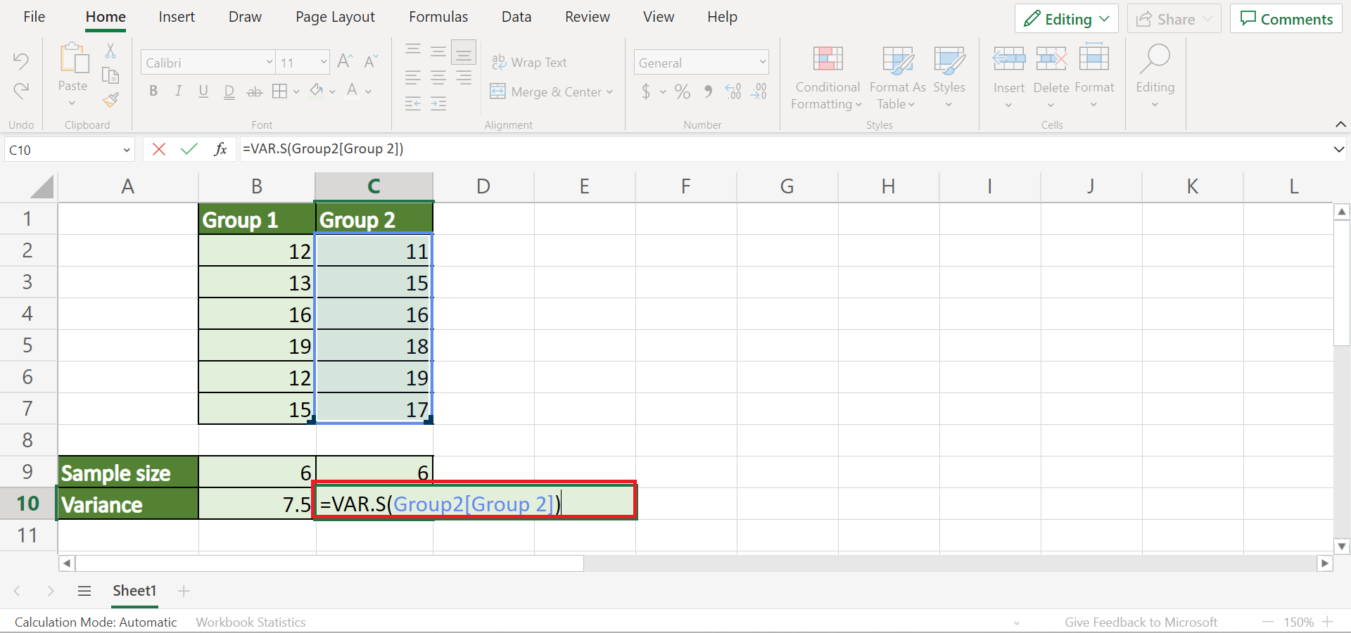Calculate Pooled Variance in Excel