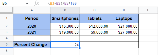 Calculating percent change in Google Sheets