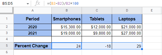 Use the autofill feature to copy the formula for calculating percent change