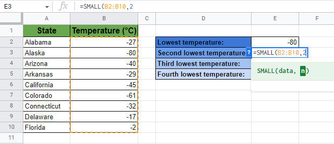 Specify the parameters of the SMALL function