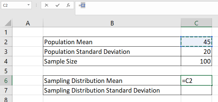 central limit theorem in Excel states that sampling distribution mean is the same as population mean