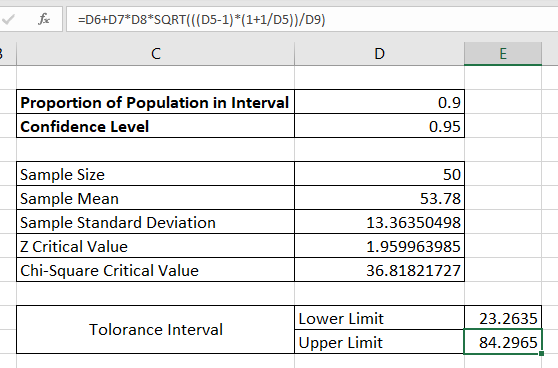 upper limit of tolerance interval in Excel