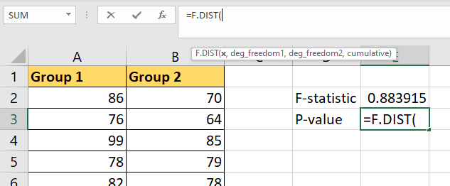 add F.DIST in excel formula bar