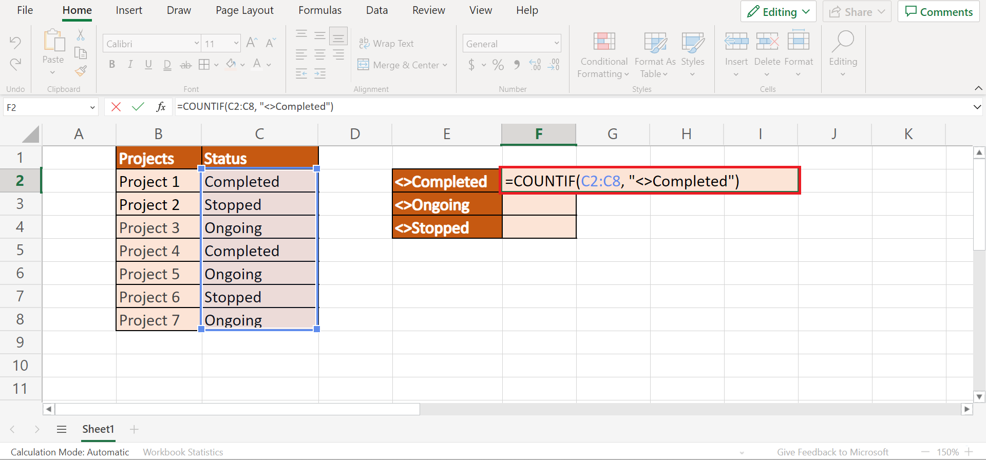 Count Cells Not Equal to Value in Excel