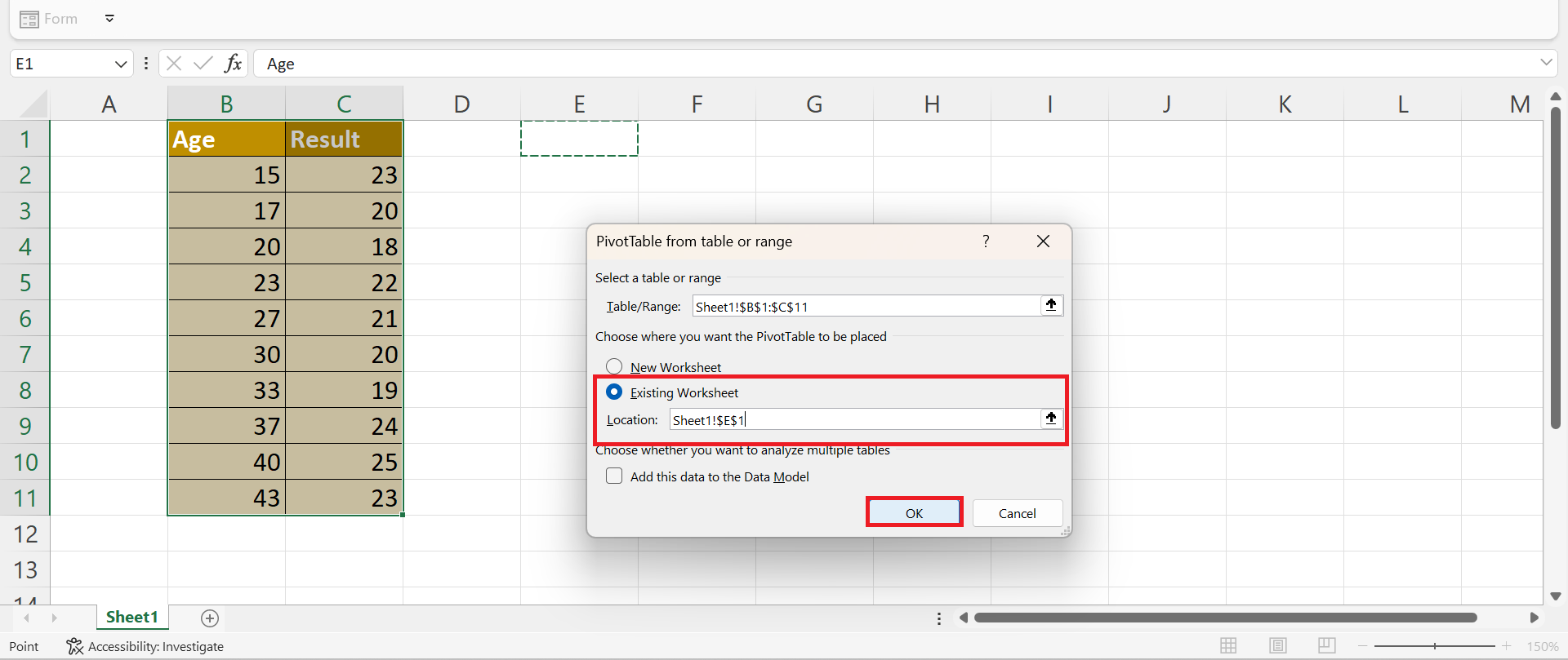 Display pivot table