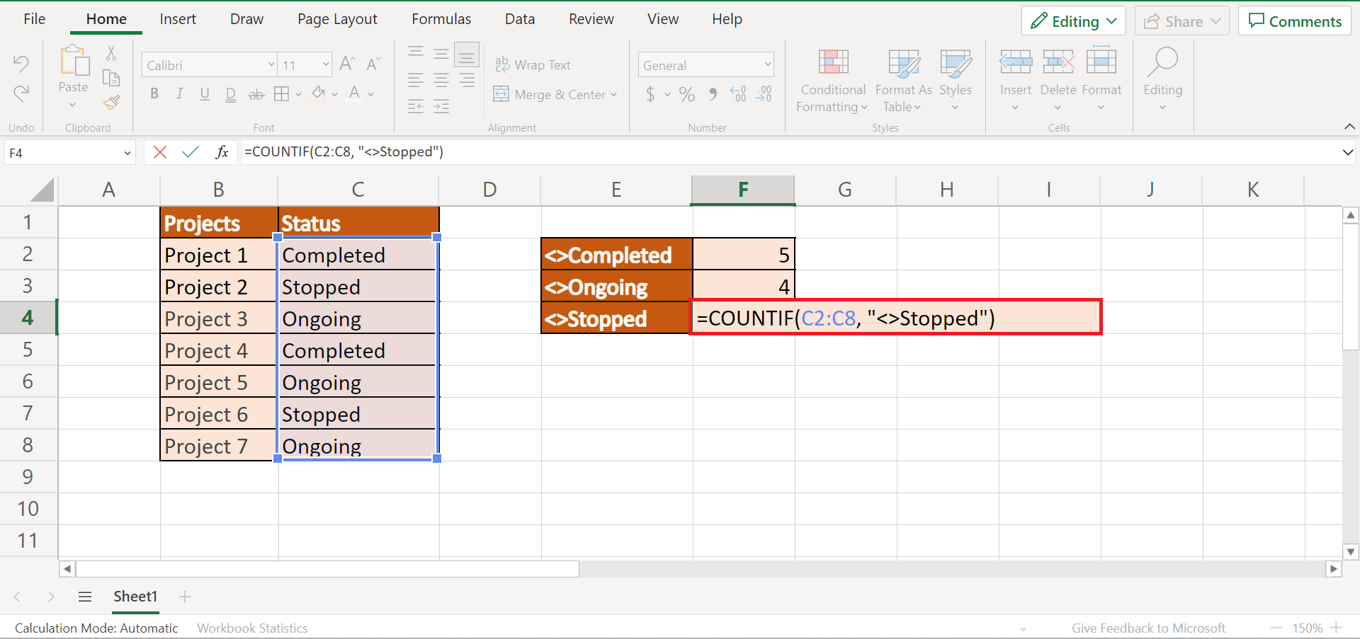 Count Cells Not Equal to Value in Excel
