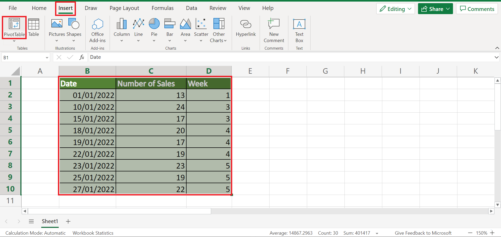 Convert to pivot table