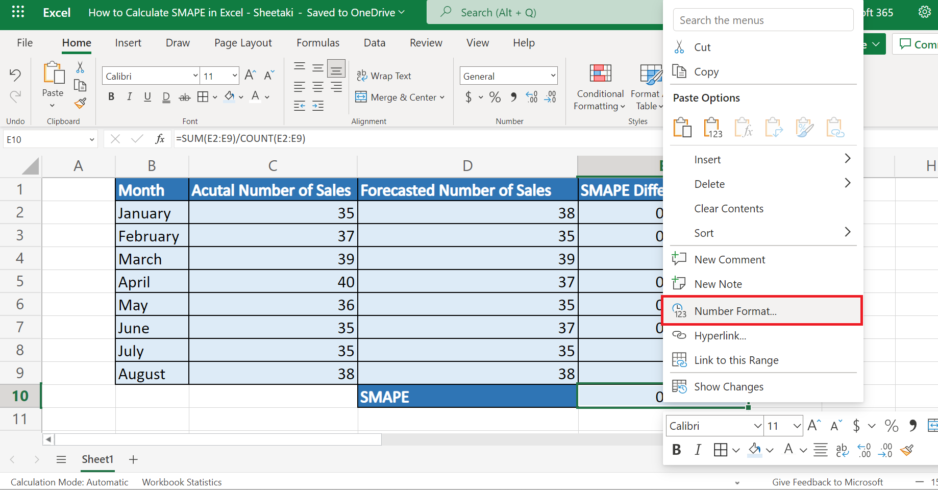 Calculate SMAPE in Excel