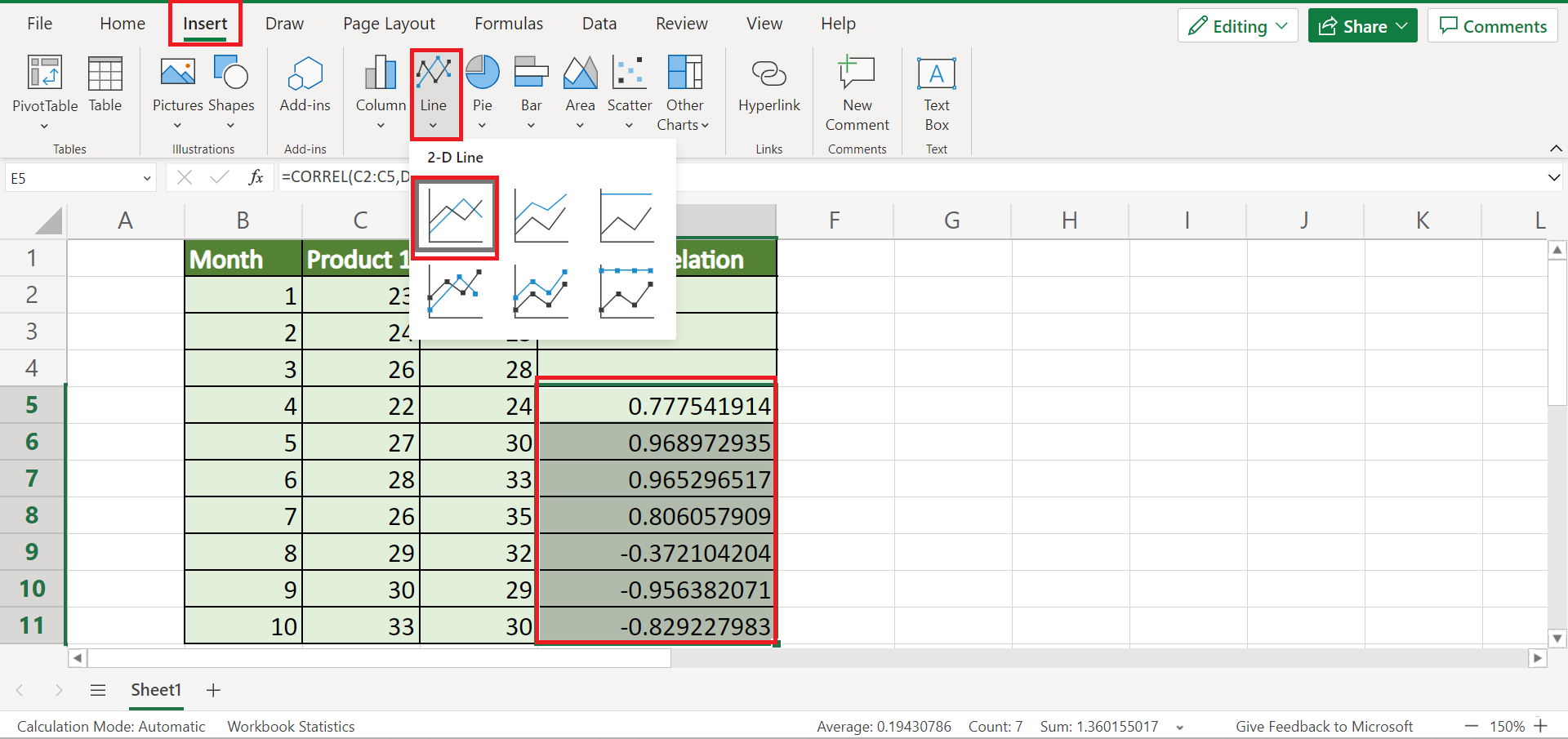 Rolling Correlation in Excel
