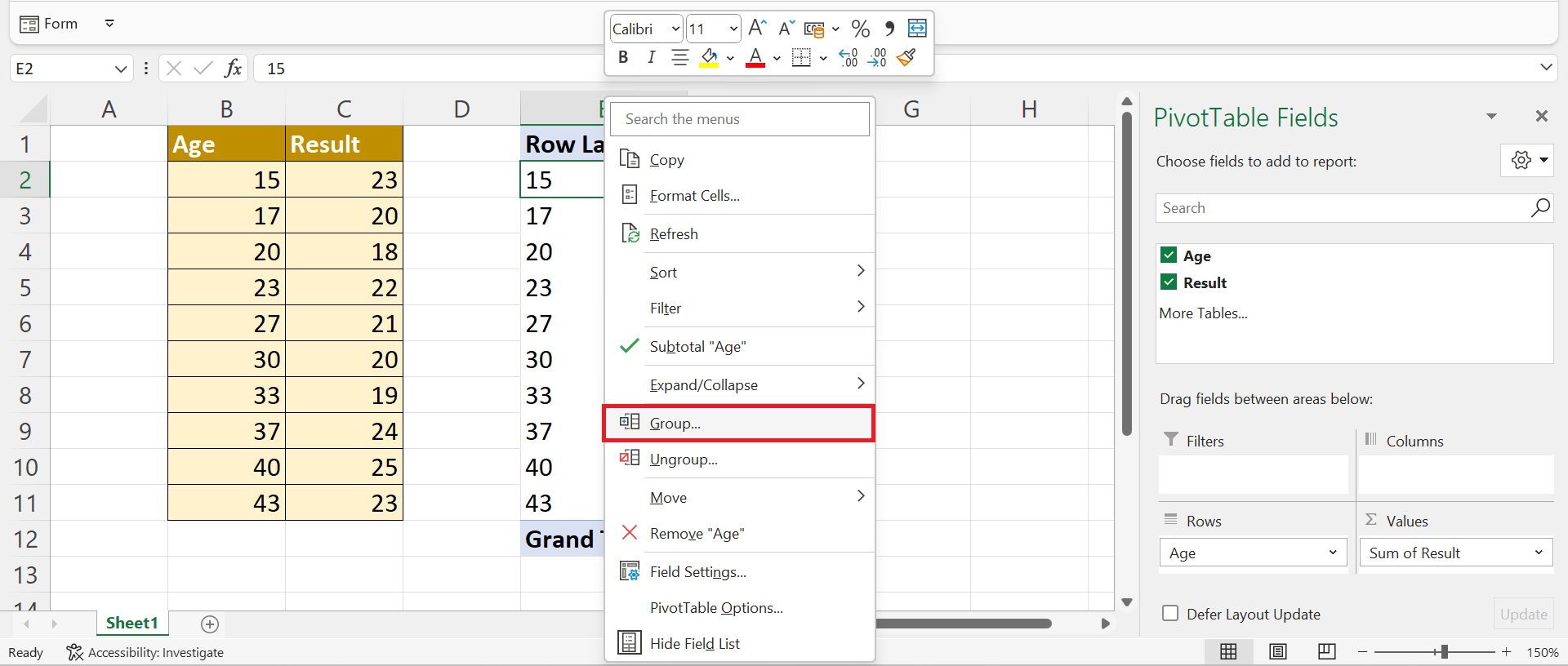 Group Values in Pivot Table by Range in Excel